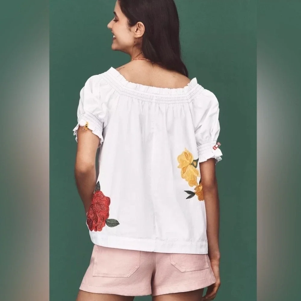 Anthropologie Boho White‎ Floral Puff Sleeve Blouse Embroidered Cotton LP